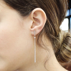 18K Gold Natural Diamond Pave Bar Linear Drop Earrings