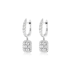 Halo Fusion Round and Baguette Diamond Dangle Earrings