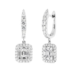 Halo Fusion Round and Baguette Diamond Dangle Earrings