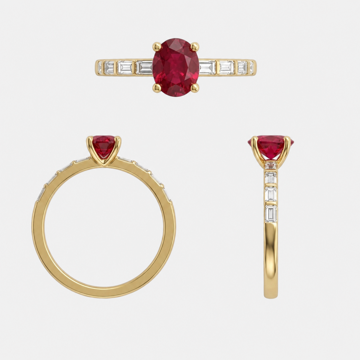 Three views of a yellow gold ring featuring a central oval-cut red ruby gemstone, with baguette-cut clear diamonds on either side of the top view and a triangular ruby gemstone on the band in the side views.