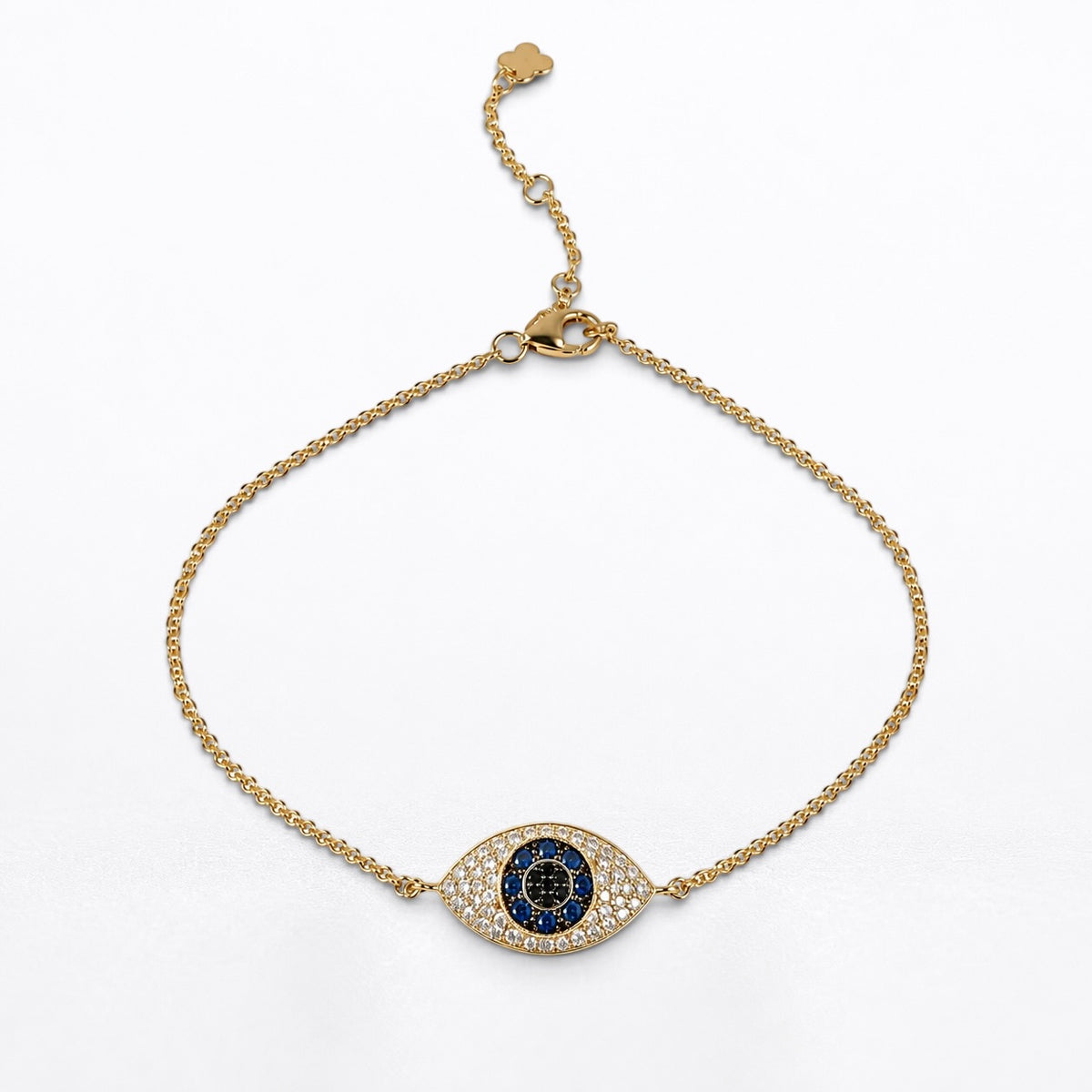 Dainty Solid 18K Yellow Gold Mini Evil Eye Diamond & Sapphire Chain Bracelet