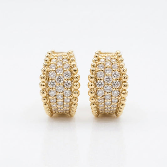 14K yellow gold Orbi Collection natural diamond and gold bead huggie earrings, front view