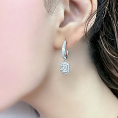 Halo Fusion Round and Baguette Diamond Dangle Earrings