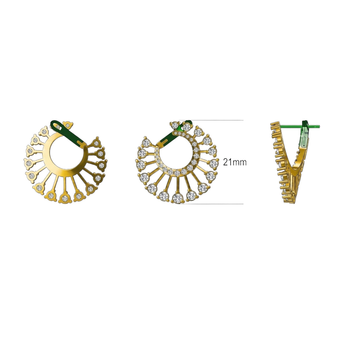 Three views of a gold crescent-shaped hoop earring with clear stones and a green enamel accent, shown on a white background with a 21mm size marker.