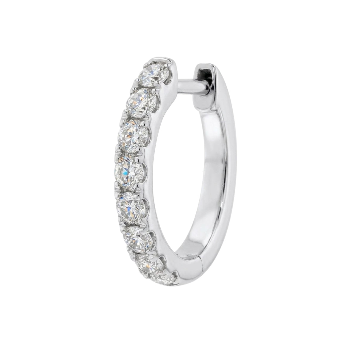 A silver huggie hoop earring adorned with a row of clear round-cut diamonds along the front curve, shown on a plain white background.