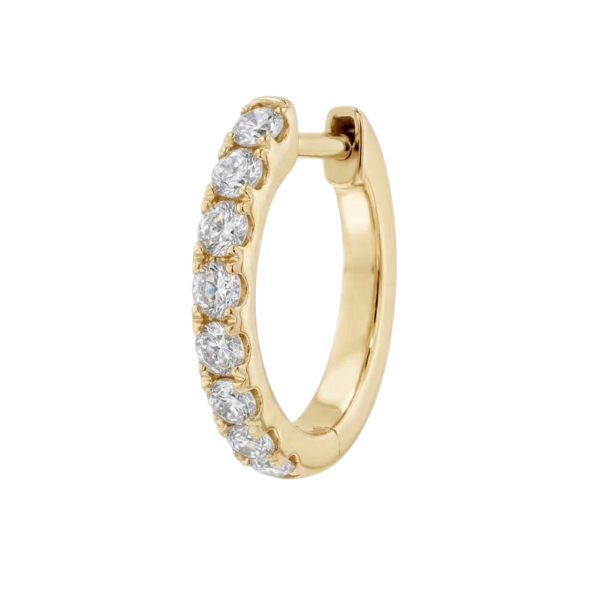 A gold huggie hoop earring adorned with a row of round-cut clear diamonds, shown on a plain white background.