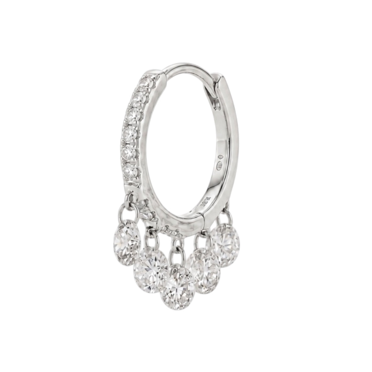 A silver hoop huggie earring adorned with small clear diamonds along the top curve and a dangling cluster of larger round-cut clear diamonds, shown on a plain white background.