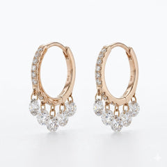 12mm Natural Diamond Floating Dangle Huggie Earrings | Solid 18K Gold