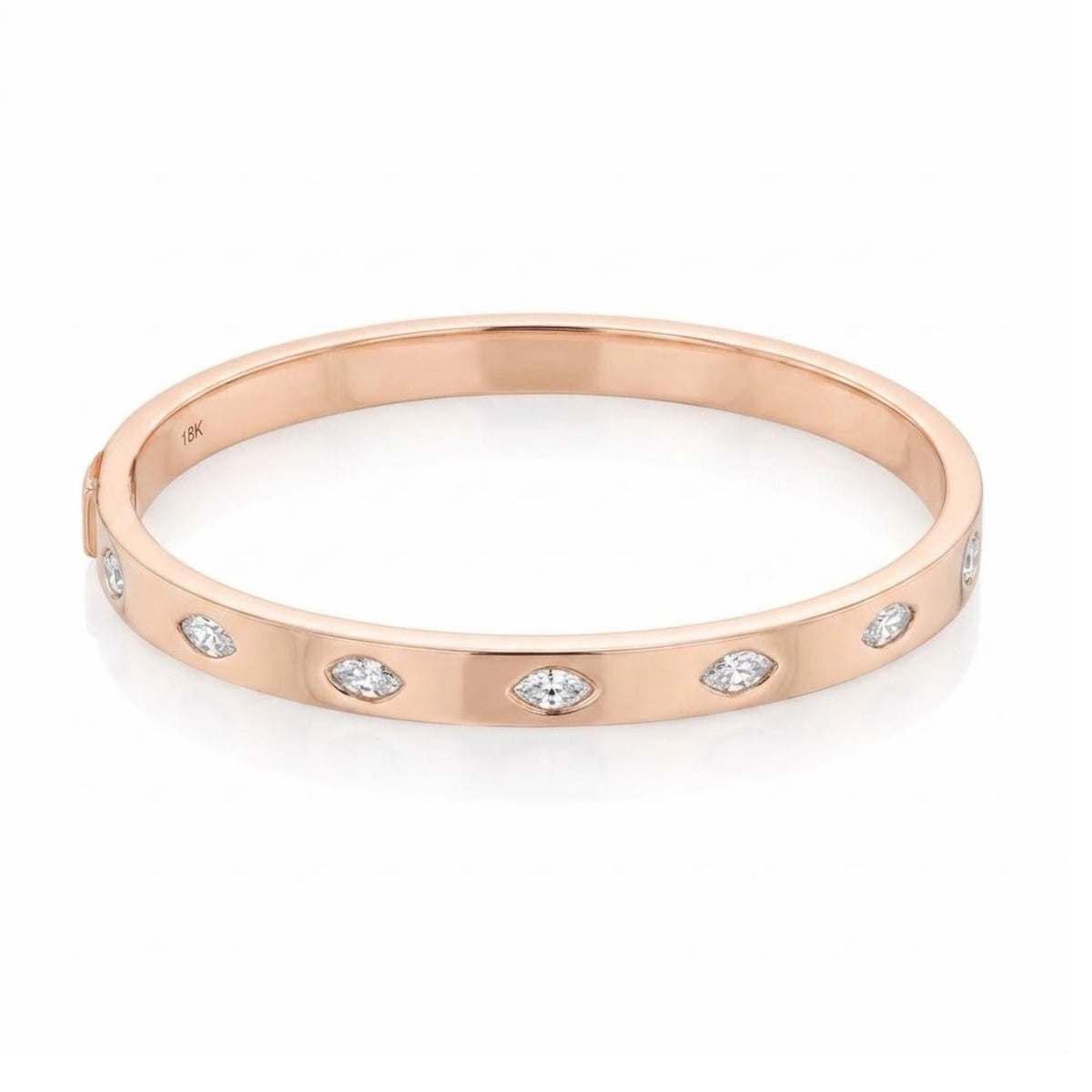 A rose gold band bracelet with evenly spaced marquise-cut diamond accents, shown on a clean white background.