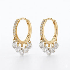 12mm Natural Diamond Floating Dangle Huggie Earrings | Solid 18K Gold