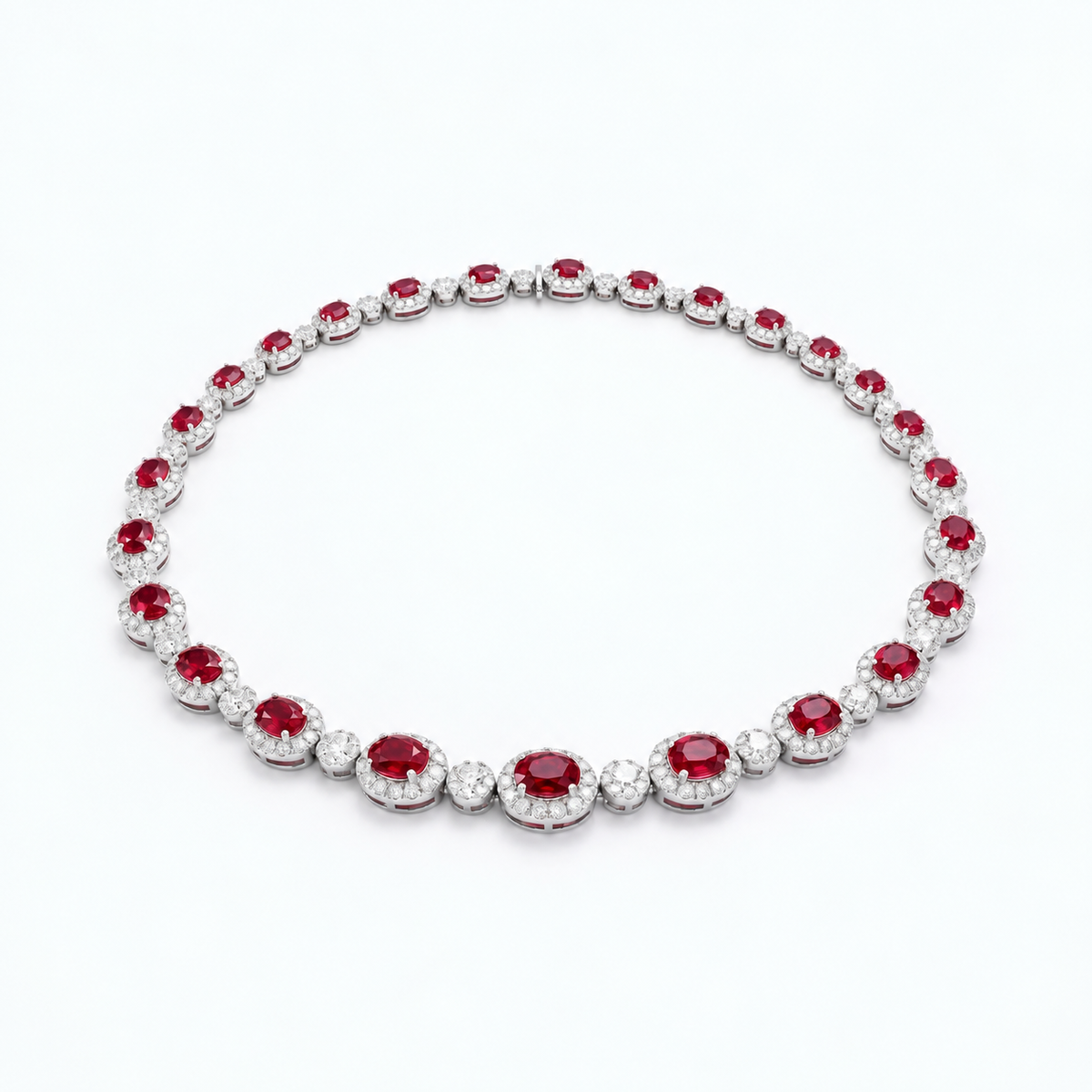 18K White Gold Oval Ruby & Diamond Halo Riviera Necklace (15.75”)