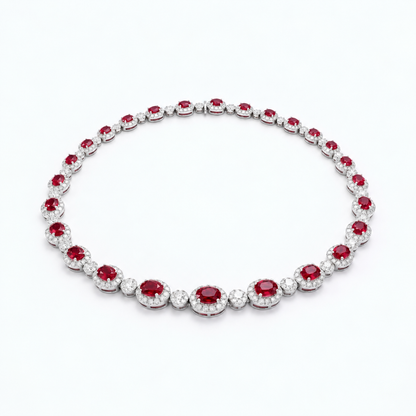 18K White Gold Oval Ruby & Diamond Halo Riviera Necklace (15.75”)