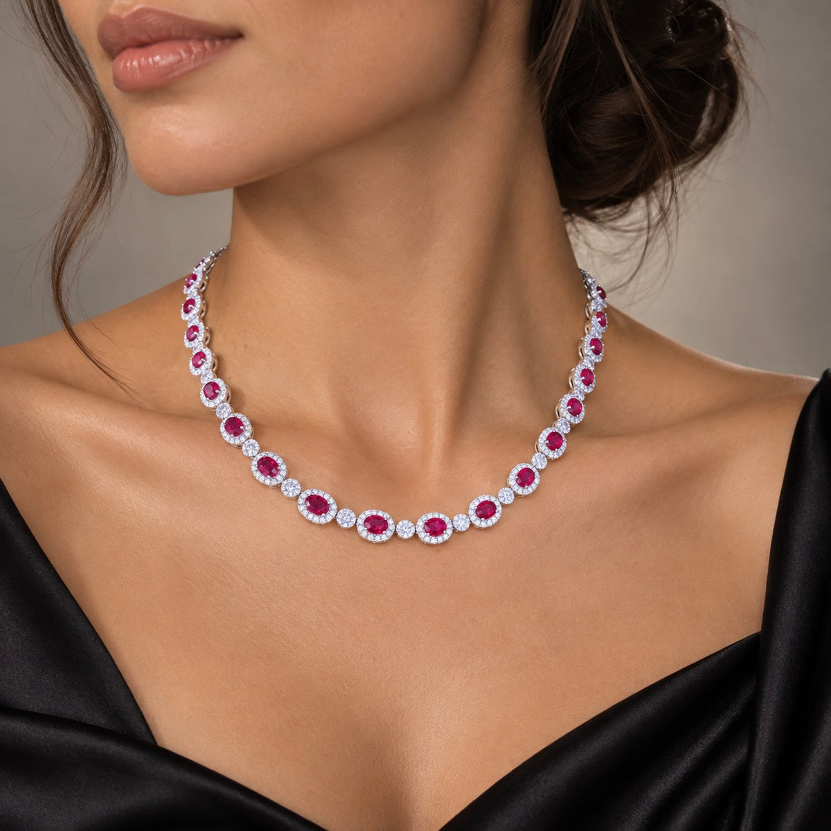 18K White Gold Oval Ruby & Diamond Halo Riviera Necklace (15.75”)