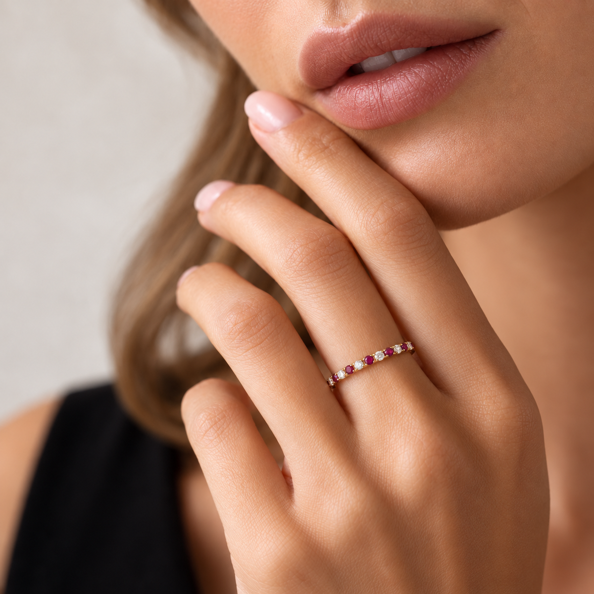 Natural Ruby & Diamond Eternity Band in 18K Gold – 1.6mm