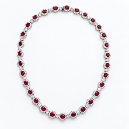 18K White Gold Oval Ruby & Diamond Halo Riviera Necklace (15.75”)