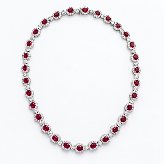 18K White Gold Oval Ruby & Diamond Halo Riviera Necklace (15.75”)