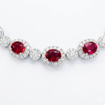 18K White Gold Oval Ruby & Diamond Halo Riviera Necklace (15.75”)