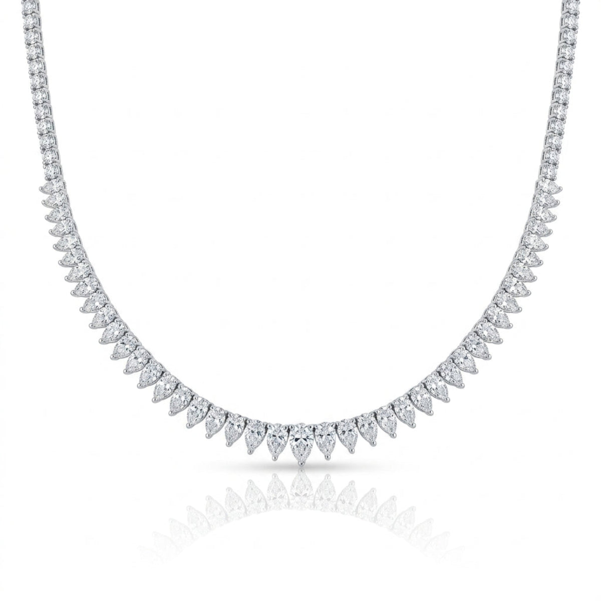 18K white gold pear-shaped and round natural diamond tennis necklace, 8.61 CTW, full front view with graduated pear diamonds at center and round brilliants along the sides