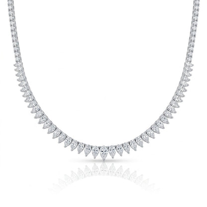 18K white gold pear-shaped and round natural diamond tennis necklace, 8.61 CTW, full front view with graduated pear diamonds at center and round brilliants along the sides