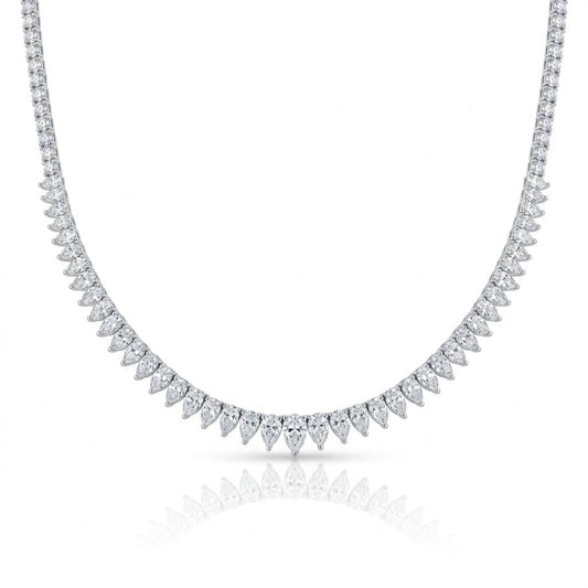 18K white gold pear-shaped and round natural diamond tennis necklace, 8.61 CTW, full front view with graduated pear diamonds at center and round brilliants along the sides