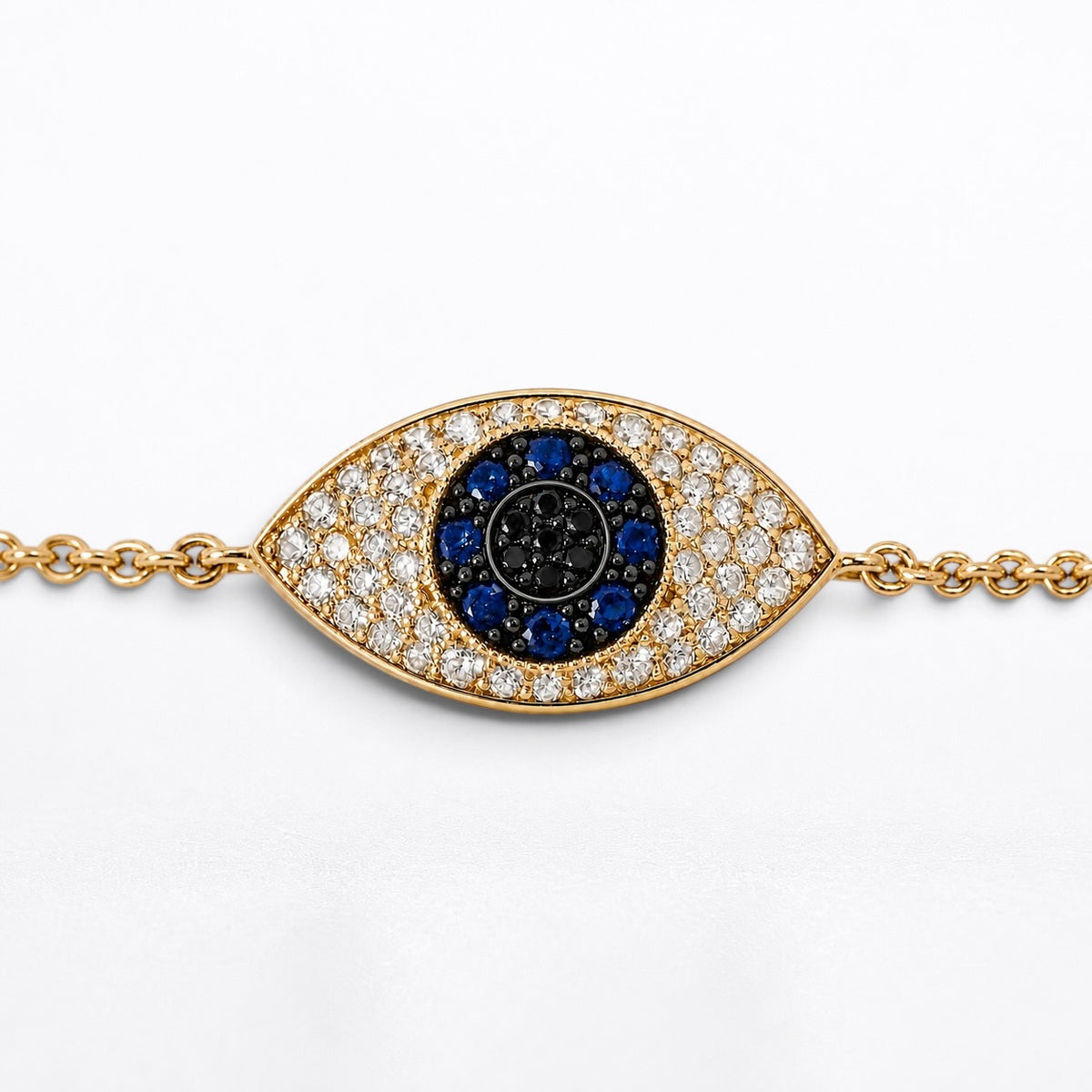 Dainty Solid 18K Yellow Gold Mini Evil Eye Diamond & Sapphire Chain Bracelet