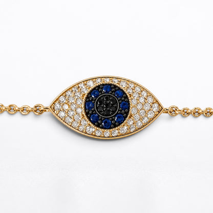 Dainty Solid 18K Yellow Gold Mini Evil Eye Diamond & Sapphire Chain Bracelet