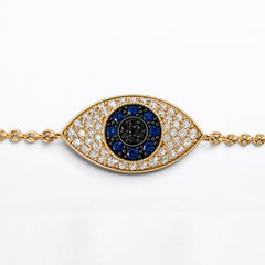 Dainty Solid 18K Yellow Gold Mini Evil Eye Diamond & Sapphire Chain Bracelet