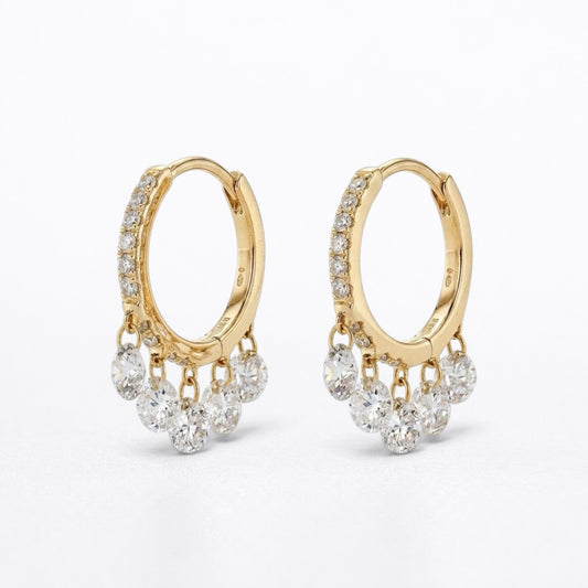 12mm Natural Diamond Floating Dangle Huggie Earrings | Solid 18K Gold