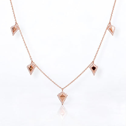 14K rose gold natural diamond necklace featuring five kite-shaped charms with 0.28 ctw G/VS diamonds.