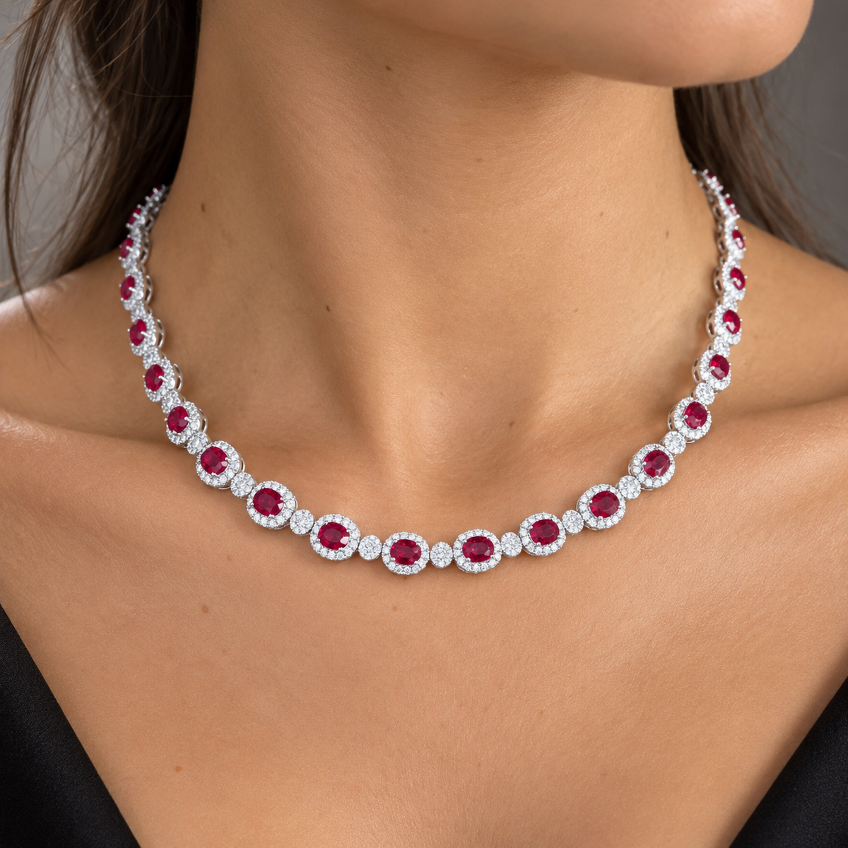 18K White Gold Oval Ruby & Diamond Halo Riviera Necklace (15.75”)