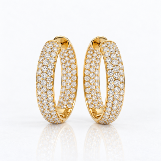 18K yellow gold three-row pavé natural diamond inside-out hoop earrings, 1 inch, 3.49 ctw