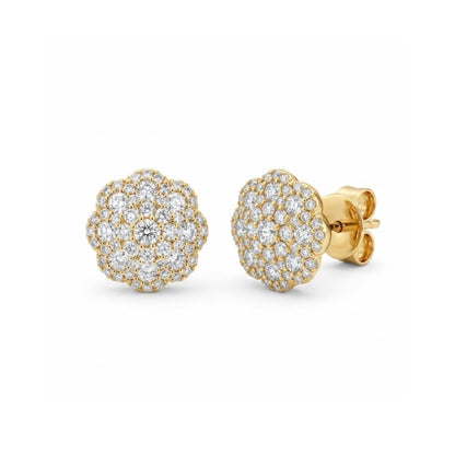 A pair of yellow gold stud earrings with round pavé diamond clusters, shown from both front and side angles on a white background.