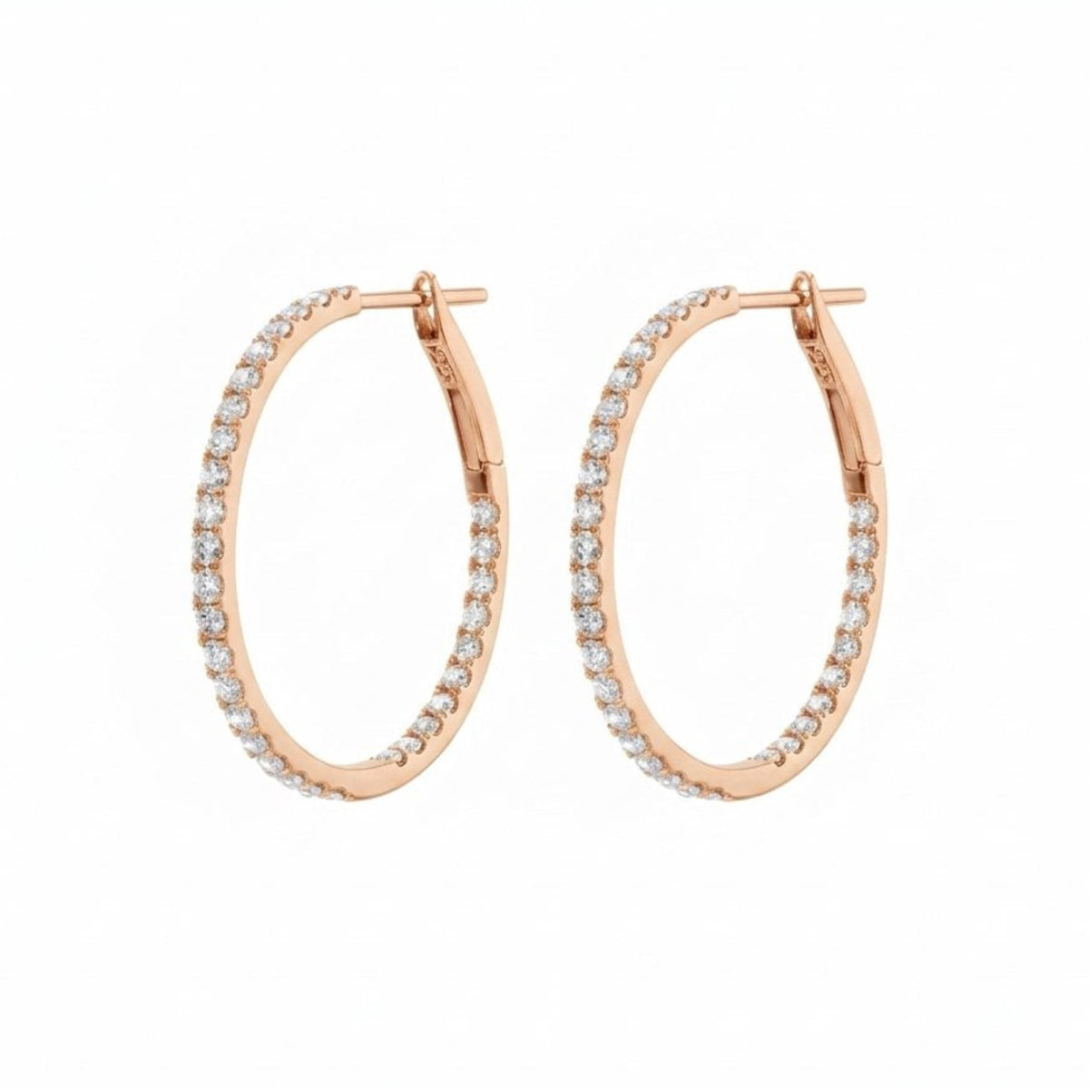 Pair of 1-inch natural diamond inside-out hoop earrings in solid 18K rose gold.