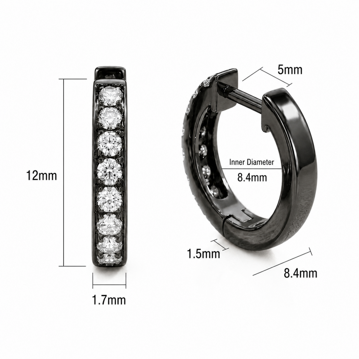 Black hoop huggie earrings with clear cubic diamonds, showing dimension measurements of 12mm height, 1.7mm width, 8.