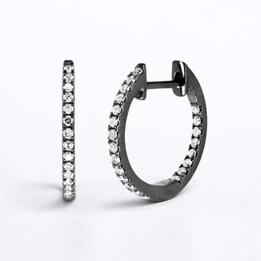 14mm Natural Diamond Inside-Out Huggie Hoop Earrings | Solid 18K Gold | Black Ruthenium Finish