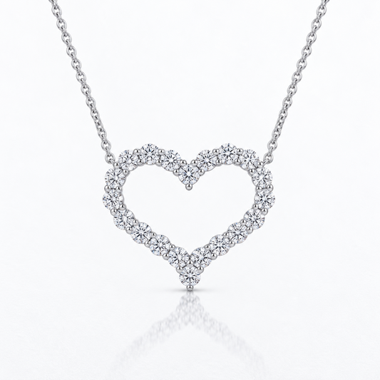 Front view of 18K white gold open heart pendant with 20 natural diamonds on chain