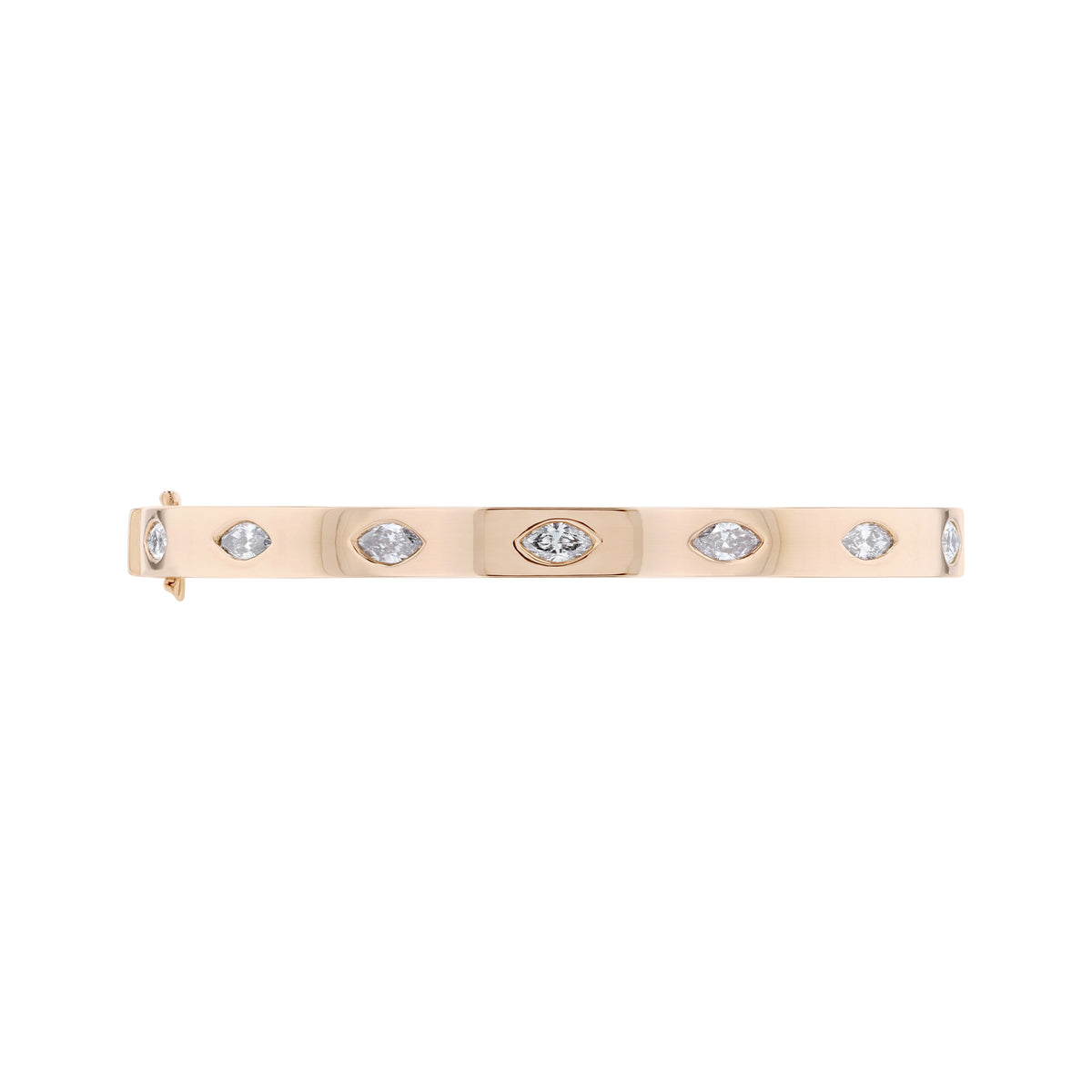 A slim rose gold bangle bracelet featuring seven marquise shaped diamonds spaced along the band, shown against a plain white background.