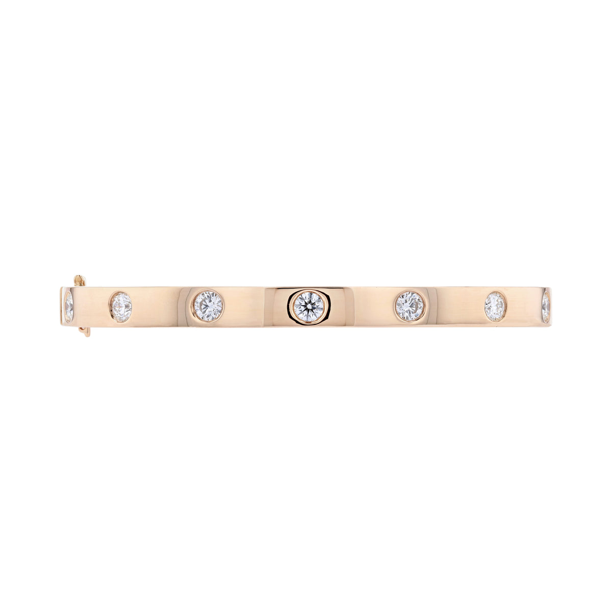 A slim rose gold bracelet featuring seven bezel-set round clear diamonds, shown against a plain white background.