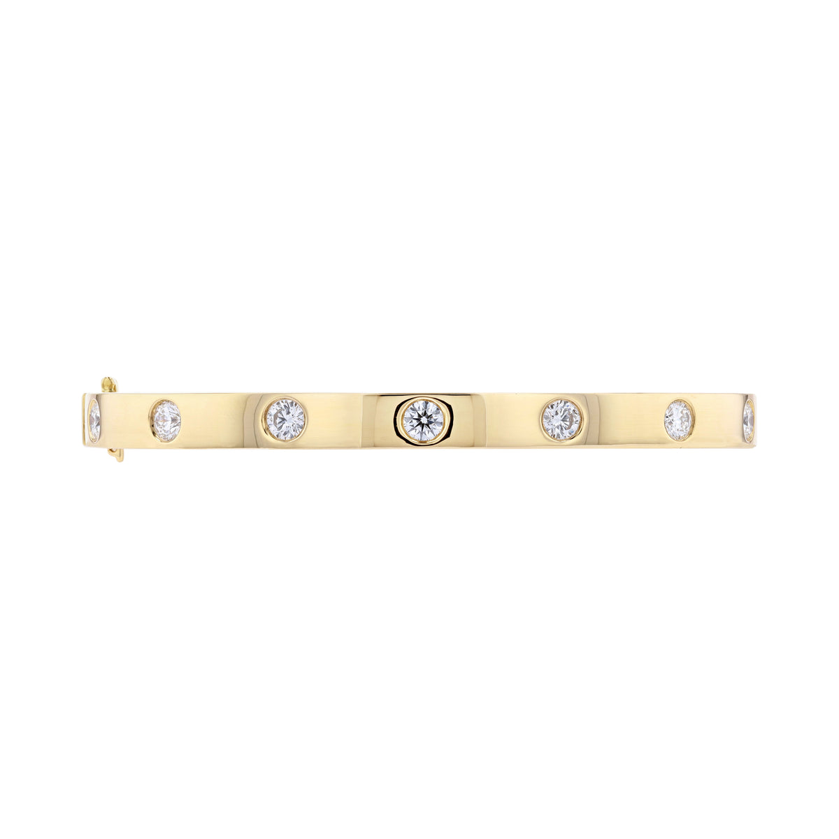 A yellow gold bar bracelet with five bezel-set round clear diamonds, displayed horizontally on a solid white background.