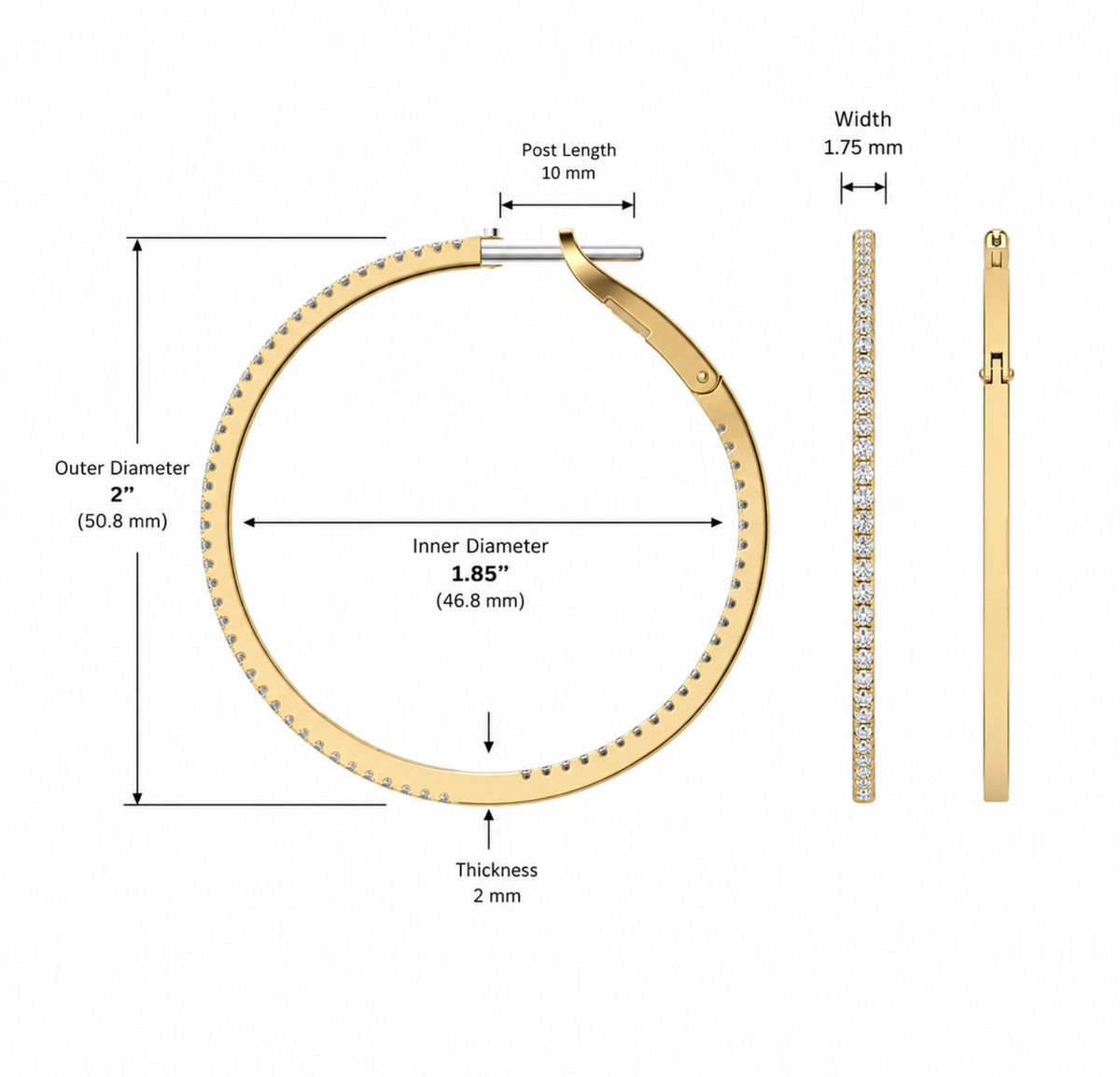 Technical dimension diagram of a gold ring with post and backing, showing outer diameter 2 in (50.8 mm), inner diameter 1.