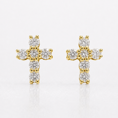 Pair of yellow gold natural diamond cross stud earrings