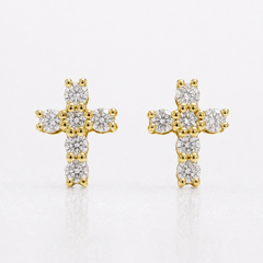 A pair of gold cross stud earrings set with round clear diamonds, displayed on a clean white background.