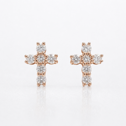 Pair of rose gold natural diamond cross stud earrings