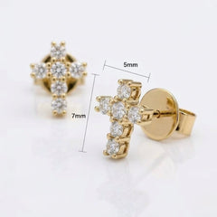 Gold cross stud earrings with clear diamonds, shown on a white background with dimension labels indicating 5mm width, 7mm height, and 4mm post thickness.