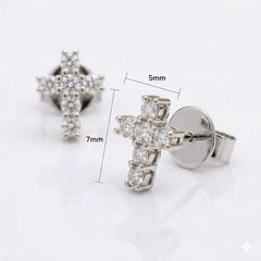 Silver cross stud earrings with diamonds, shown on a white background with dimension labels indicating 5mm width, 7mm height, and 7mm post length.