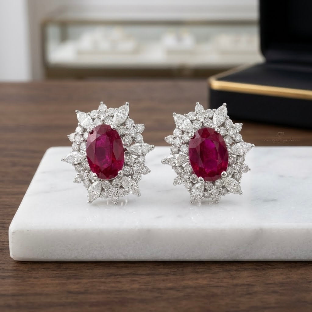 18K White Gold Natural Ruby & Diamond Cluster Halo Stud Earrings