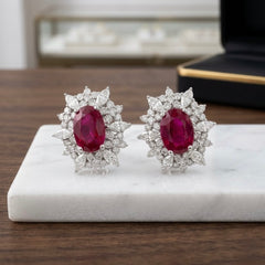 18K White Gold Natural Ruby & Diamond Cluster Halo Stud Earrings