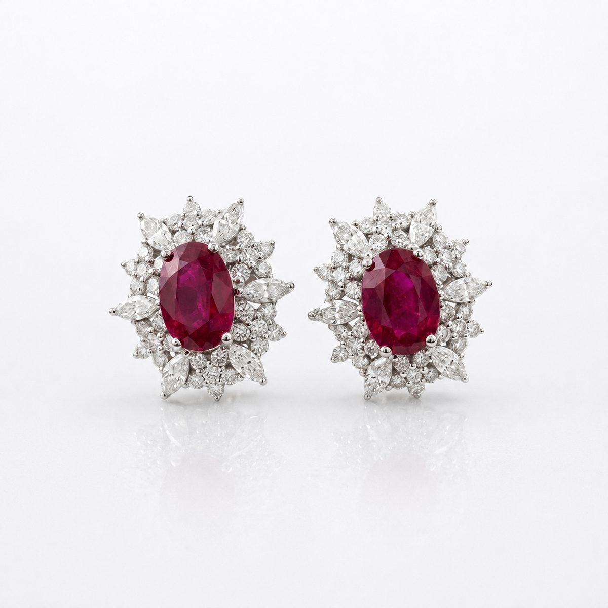 18K White Gold Natural Ruby & Diamond Cluster Halo Stud Earrings