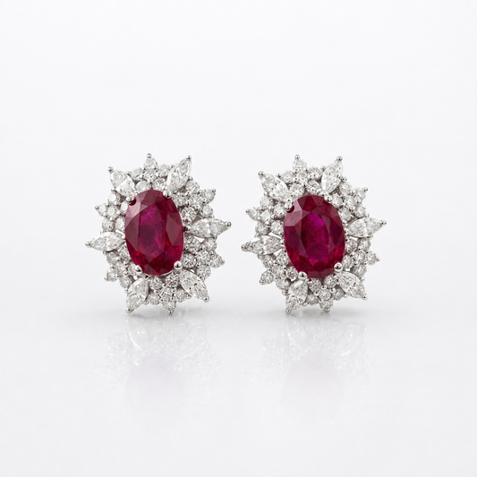 18K White Gold Natural Ruby & Diamond Cluster Halo Stud Earrings