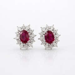 18K White Gold Natural Ruby & Diamond Cluster Halo Stud Earrings